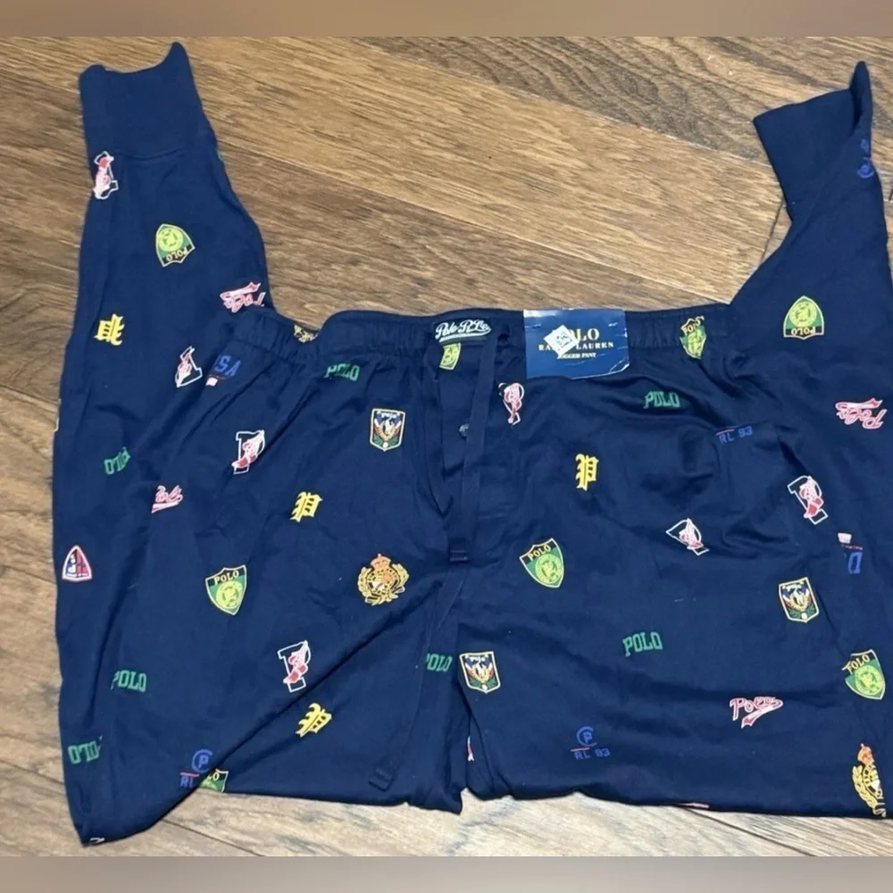 New Polo Ralph Lauren Pep Rally Varsity Logo Print Pajama Jogger Pants Navy L
